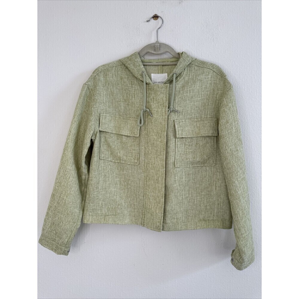 AVEC LES FILLES Green Knit Linen Blend Zip Front Hooded Boxy Jacket Size M